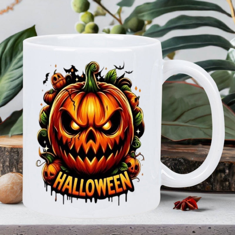 Tailorly White Ceramic 11 oz Mug - Halloween Spooky Glowing Jack O Lantern With Bats And Creepy Smiling Small Pumpkin
