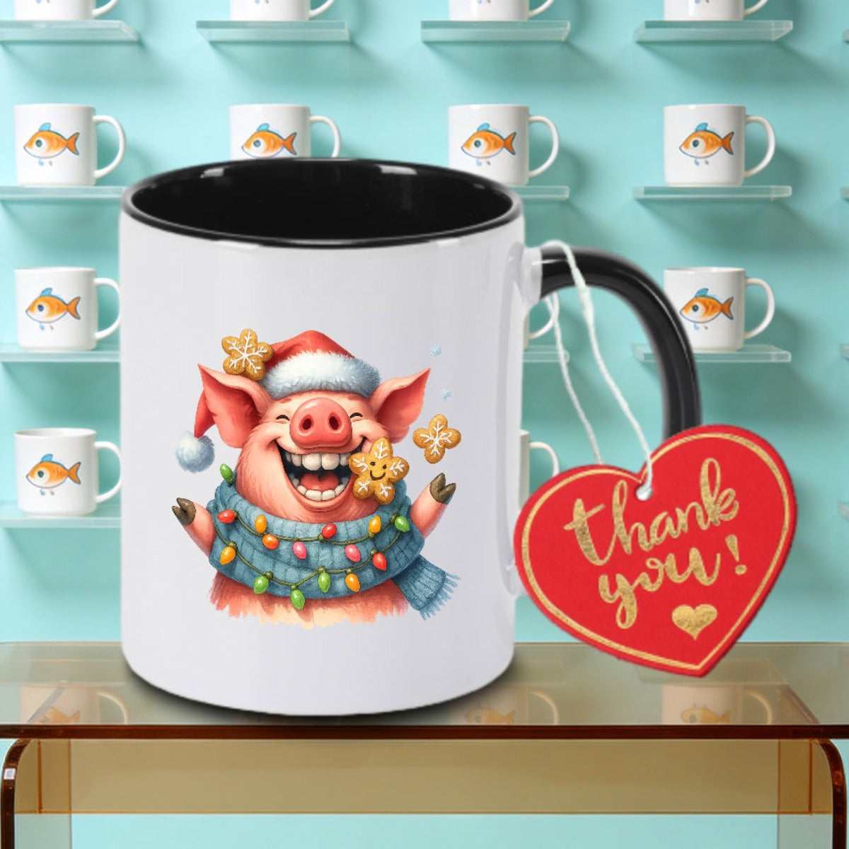Tailorly Black Accent 11 oz Mug - Santa， Gingerbread Stars， Christmas Lights