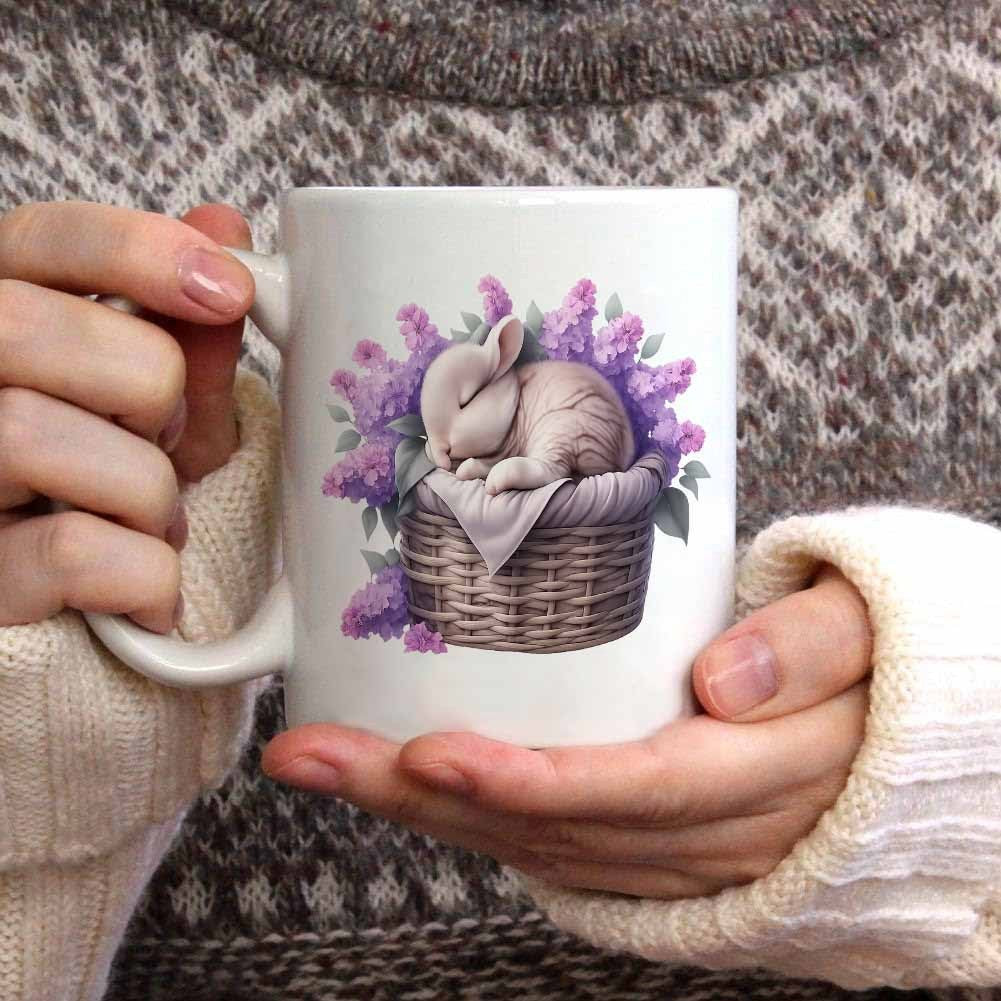Tailorly White Ceramic 11 oz Mug - Adorable Sleeping Bunny Resting In A Woven Basket Surrounded By Lilacs Rabbit