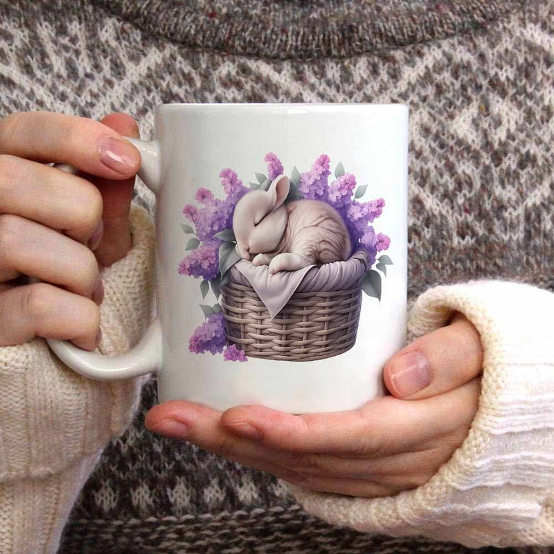 Tailorly White Ceramic 11 oz Mug - Adorable Sleeping Bunny Resting In A Woven Basket Surrounded By Lilacs Rabbit