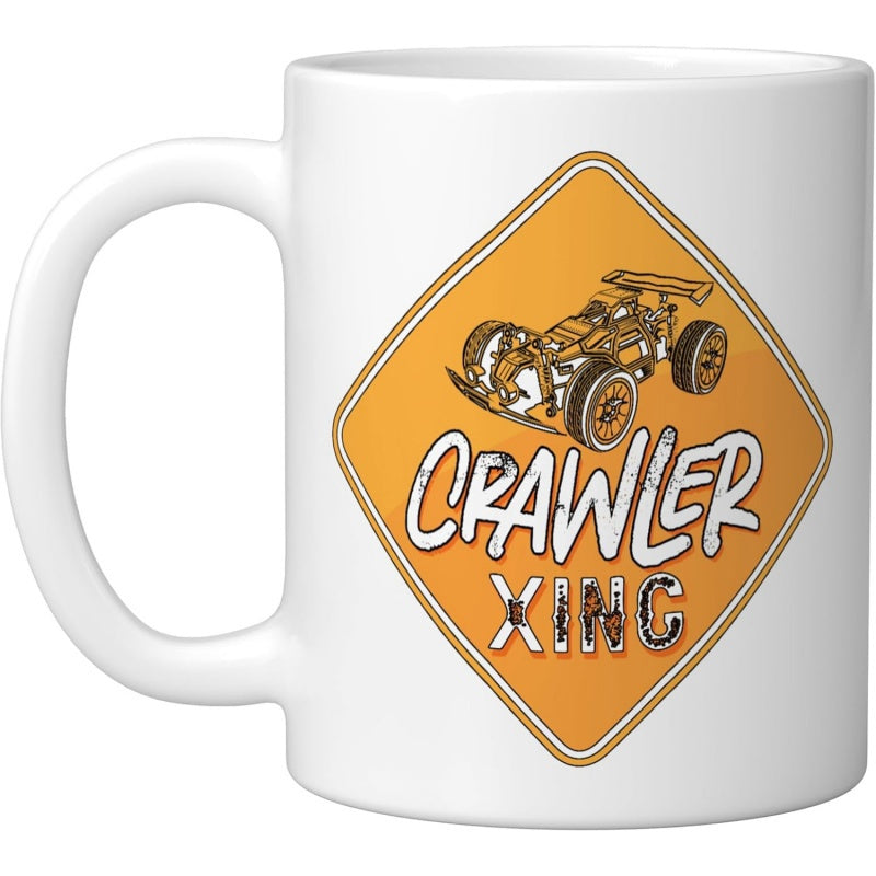 Tailorly White Ceramic 11 oz Mug - Crawler Xing Rugged Remote Control Vehicle Inside An Orange Diamond Warning Sign Crawler