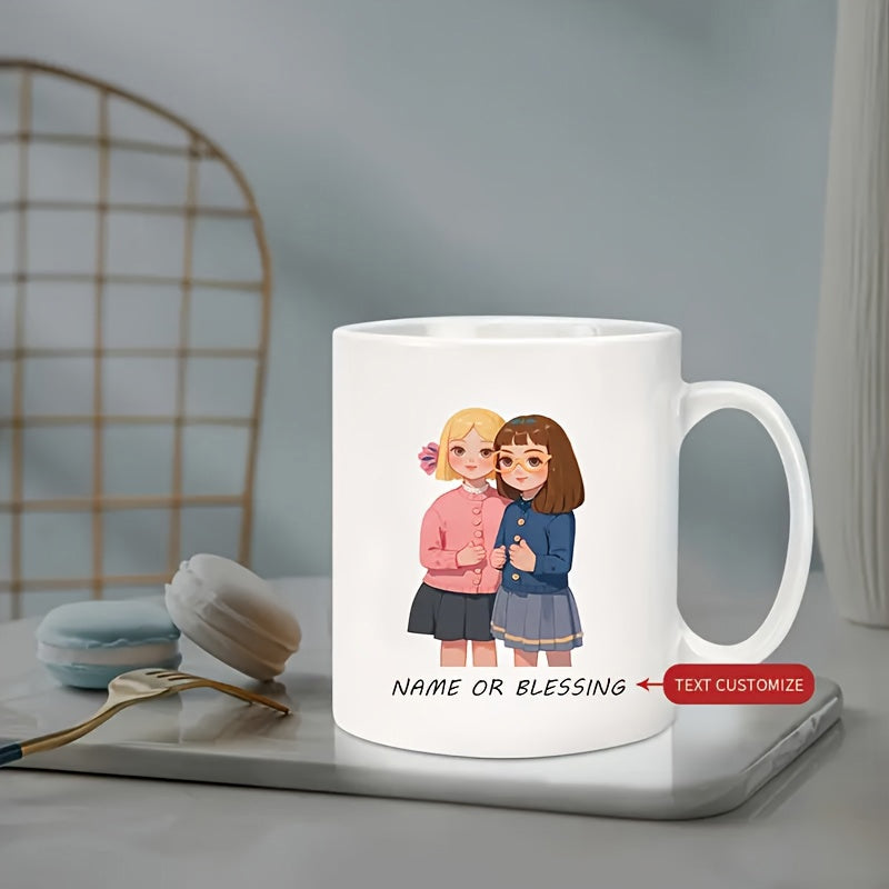 Tailorly White Ceramic 11 oz Mug - Name Or Blessing Text Customize Adorable Best Friends Wearing Colorful Sweaters Standing Together In Illustration Girls