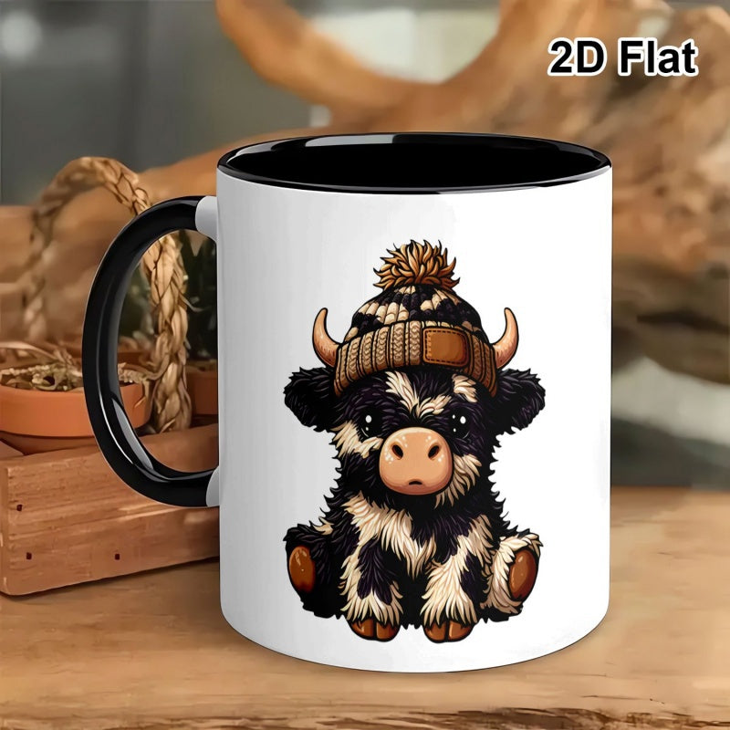 Tailorly Black Accent 11 oz Mug - cute cow with beanie graphic
