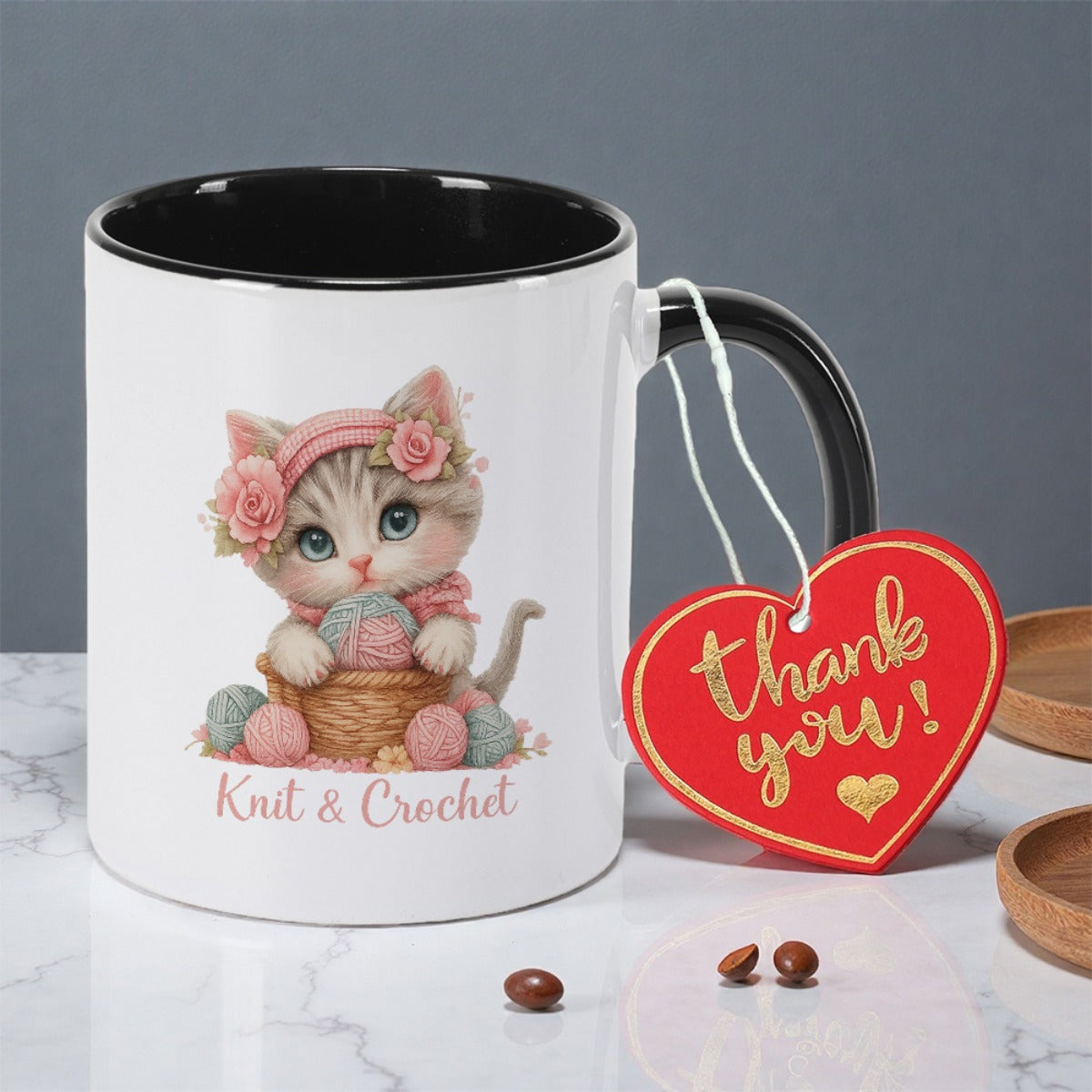 Tailorly Black Accent 11 oz Mug - a ceramic mug featuring an adorable kitten wearing a pink floral hat designed yarn ball print on tea this
