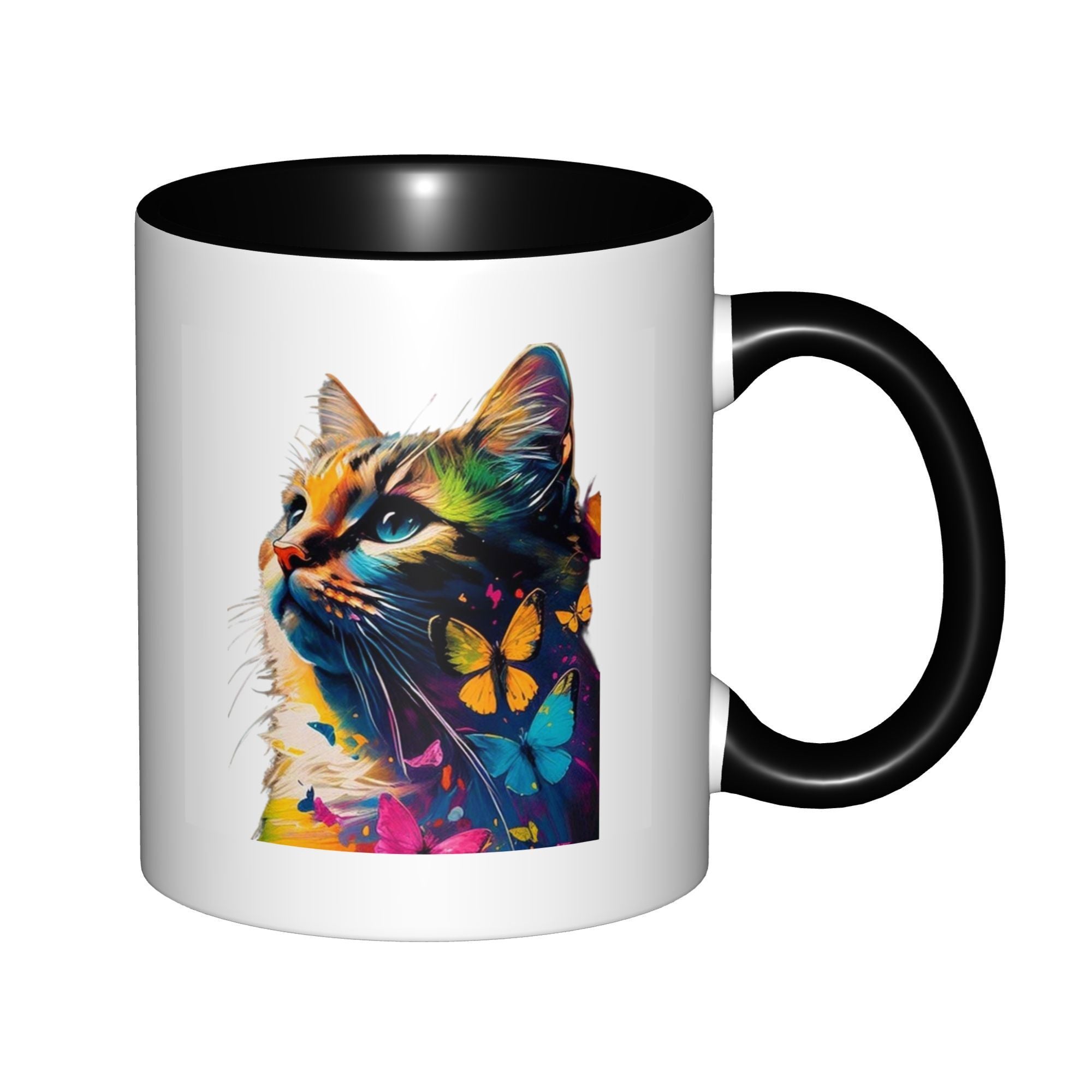 Tailorly Black Accent 11 oz Mug - colorful cat with butterflies