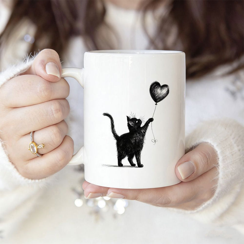 Tailorly White Ceramic 11 oz Mug - Minimalist Black Silhouette Reaching Towards A Floating Heart Shaped Balloon Cat