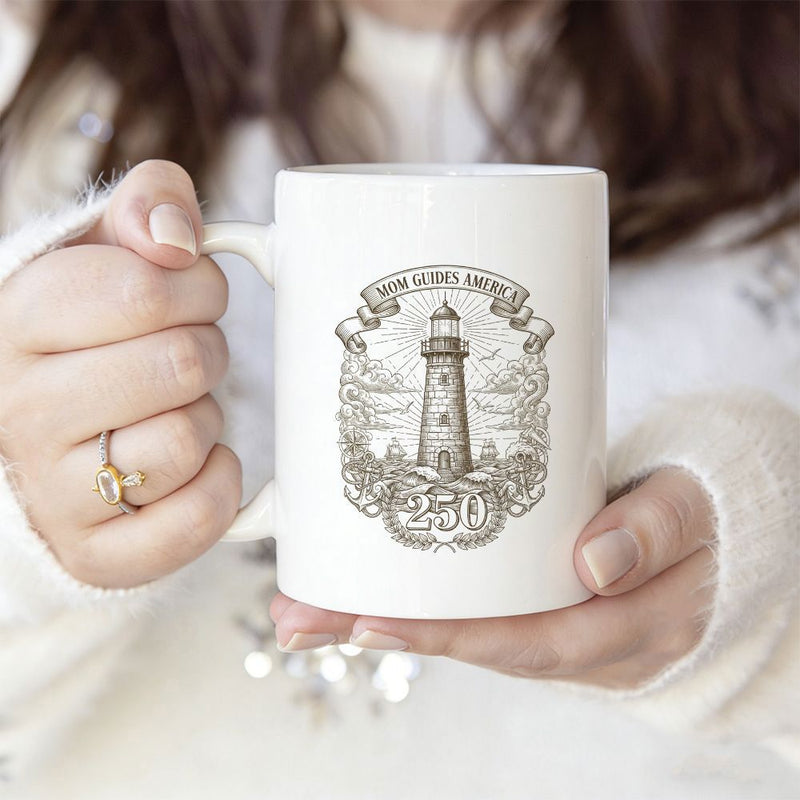 Tailorly White Ceramic 11 oz Mug - New London Harbor Light Vintage Sketch Style Standing Firm Among Decorative Waves And Clouds Lighthouse