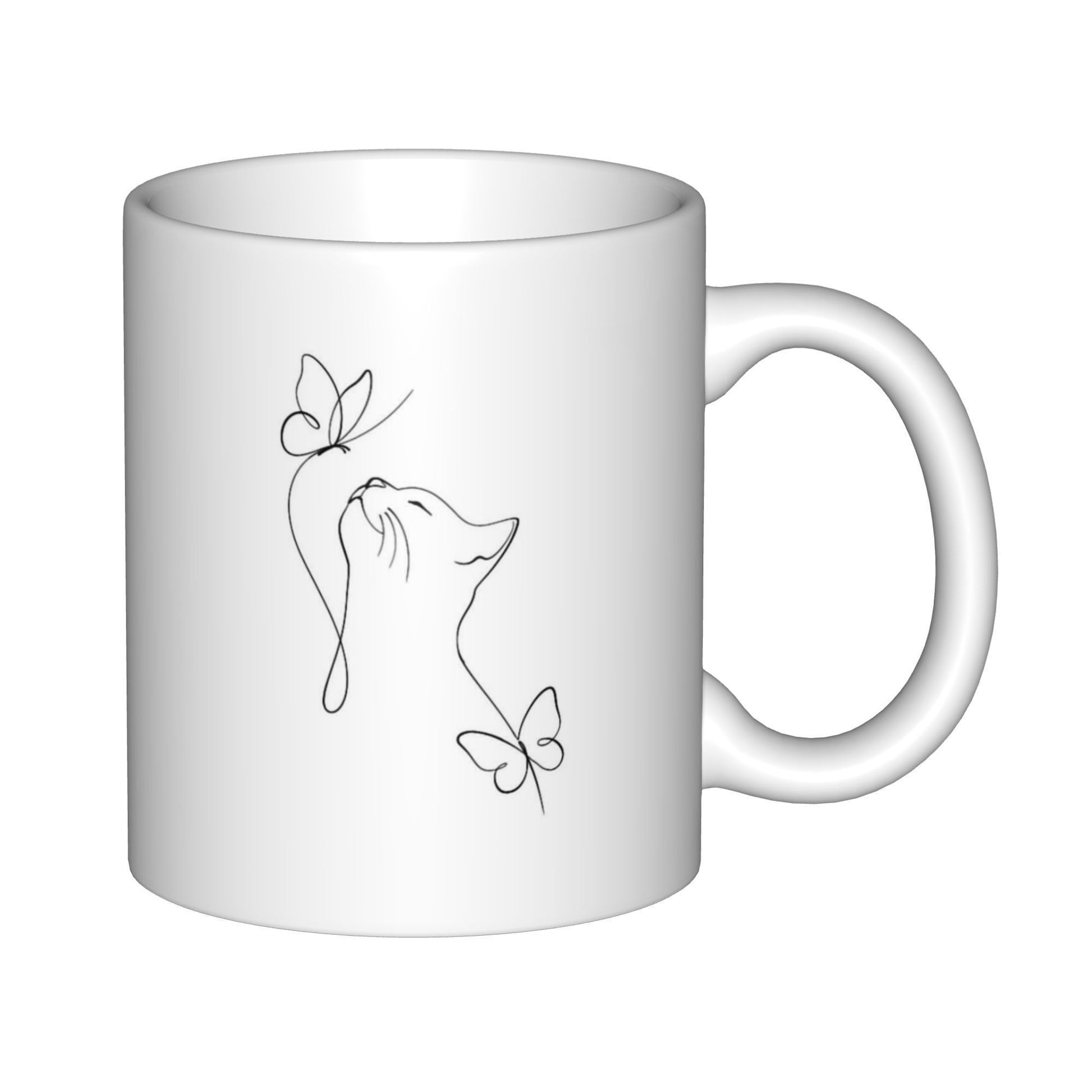 Tailorly White Ceramic 11 oz Mug - Minimalist Line Art Sketch With Graceful Butterflies Flitting Around A Serene Cat