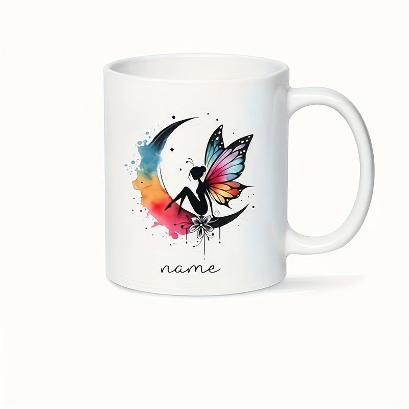 Tailorly White Ceramic 11 oz Mug - Name Watercolor Crescent Moon With Butterfly Wings Graceful Silhouette Enchanting Fairy