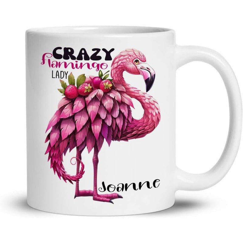 Tailorly White Ceramic 11 oz Mug - Crazy Flamingo Lady Joanne Artistic Pink Feathered Bird Decorated With Tropical Red Berries Flamingo