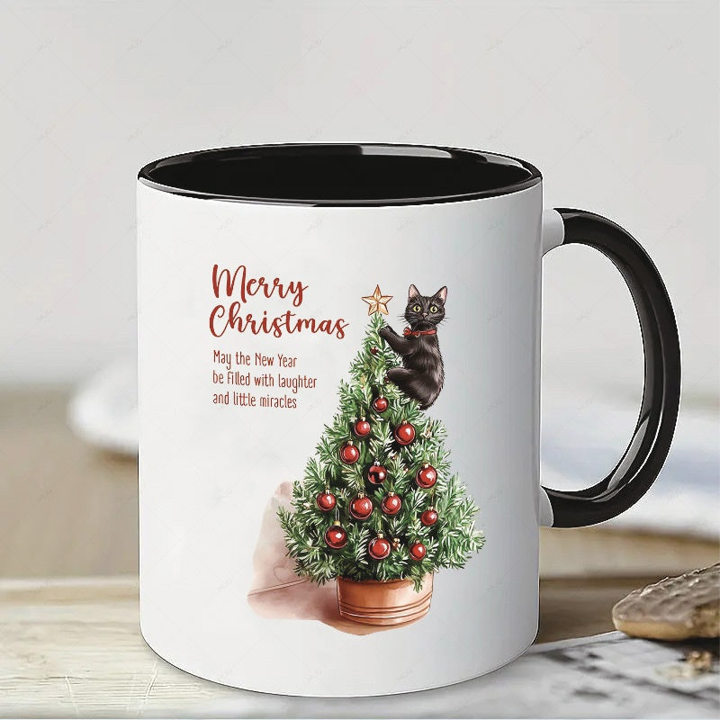 Tailorly Black Accent 11 oz Mug - christmas tree cat with black berries star