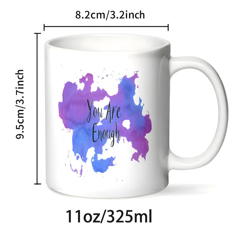 Tailorly White Ceramic 11 oz Mug - You Are Enough Vibrant Purple And Blue Watercolor Splash Across A Smooth Surface Mug