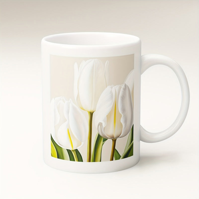 Tailorly White Ceramic 11 oz Mug - Elegant White Blossoms With Green Leaves Among Soft Cream Background Tulip