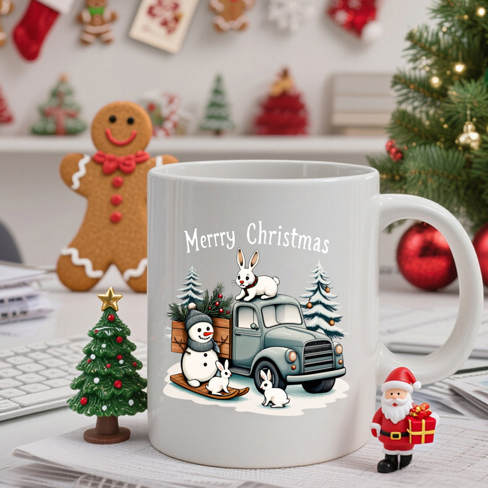 Tailorly White Ceramic 11 oz Mug - Merrry Christmas Vintage Teal Truck With Snowy Trees And Friendly Bunnies Truck