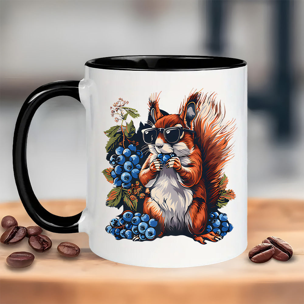 Tailorly Black Accent 11 oz Mug - blueberry squirrel glasses floral berry animal illustration