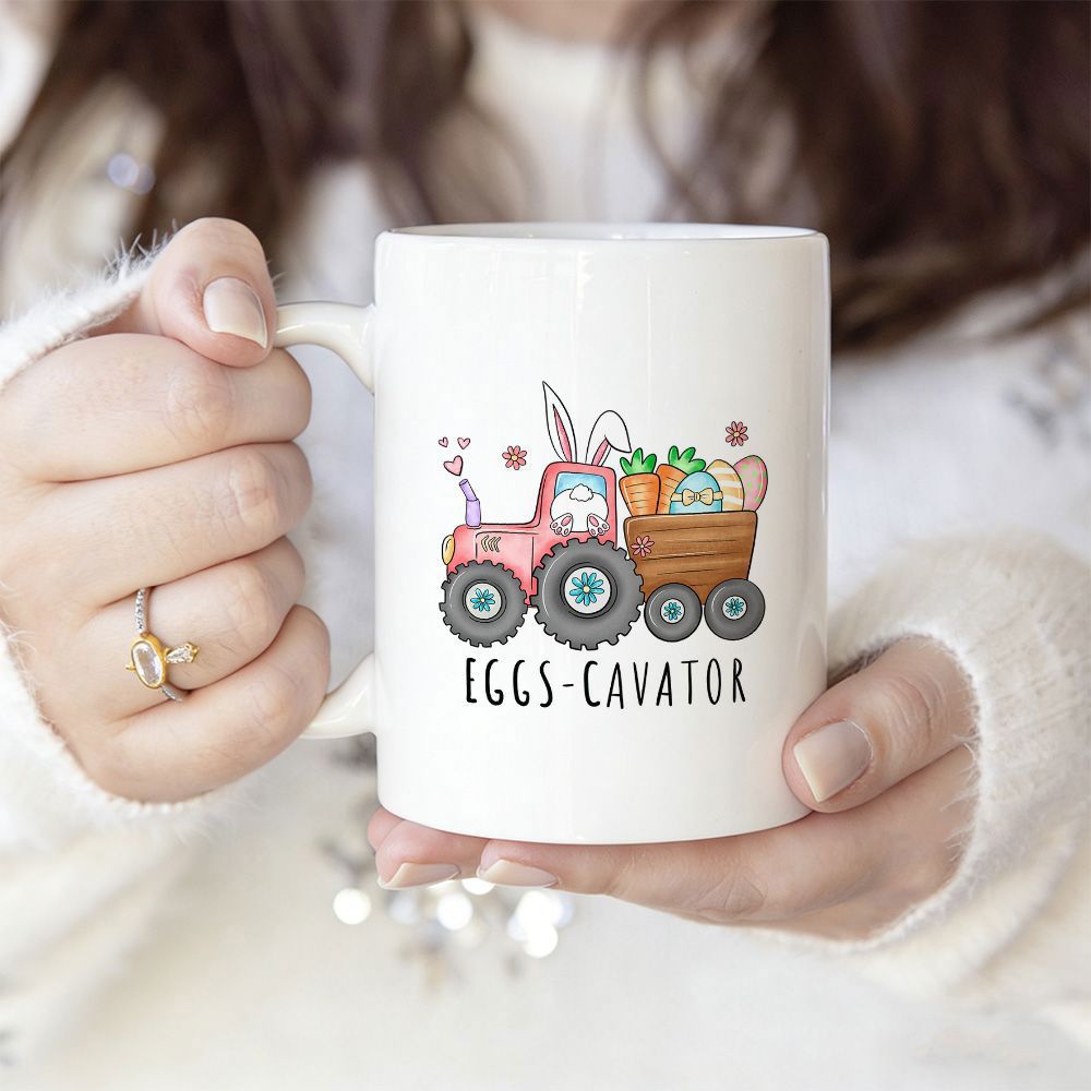 Tailorly White Ceramic 11 oz Mug - Eggscavator Whimsical Pink Tractor Driven By Easter Bunny Carrying Carrots And Eggs Tractor