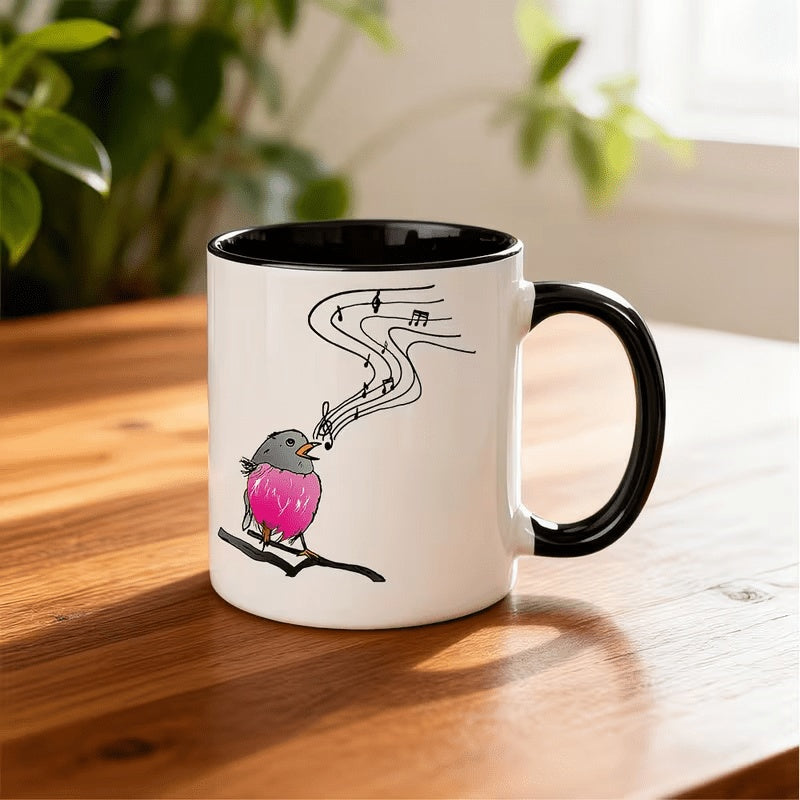 Tailorly Black Accent 11 oz Mug - Cute gray head pink body bird singing on branch with musical notes