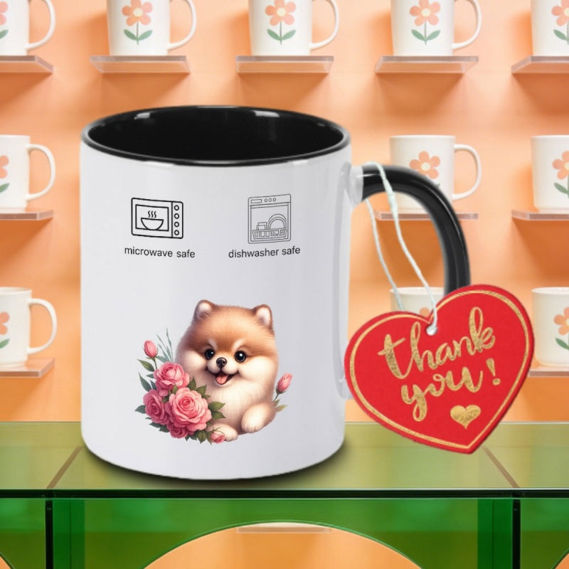 Tailorly Black Accent 11 oz Mug - adorable puppy floral