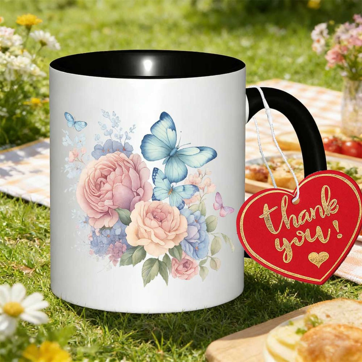 Tailorly Black Accent 11 oz Mug - elegant floral tea with pastel flowers foliage printed
