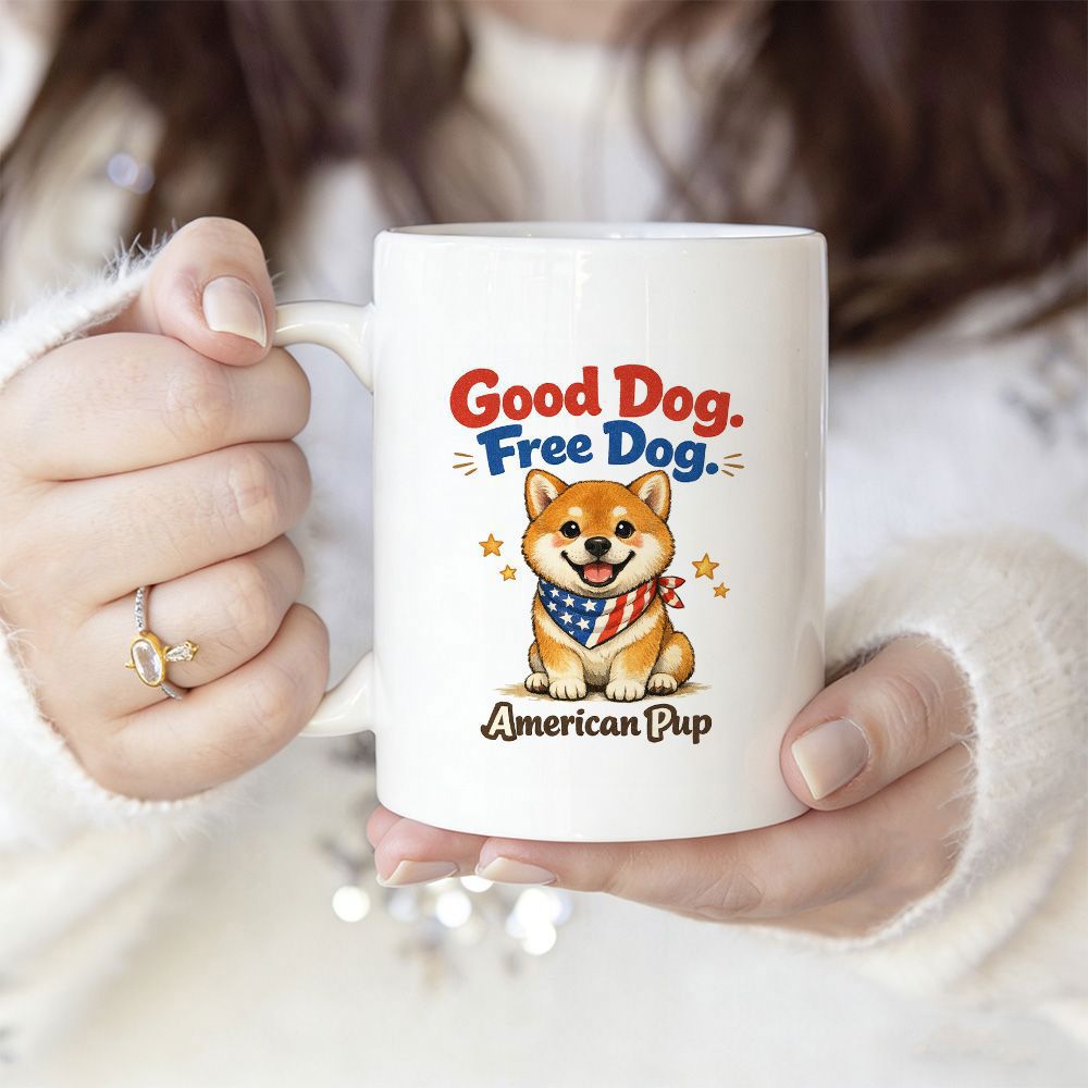 Tailorly White Ceramic 11 oz Mug - Good Dog Free Dog American Pup Adorable Shiba Inu Wearing American Flag Bandana Surrounded By Small Golden Stars Dog