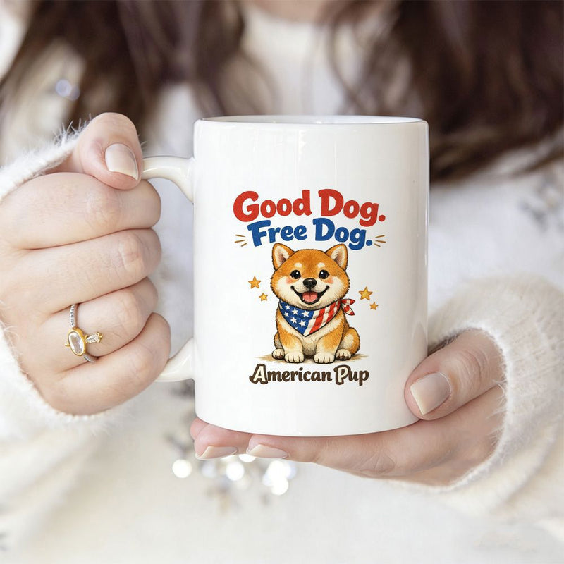 Tailorly White Ceramic 11 oz Mug - Good Dog Free Dog American Pup Adorable Shiba Inu Wearing American Flag Bandana Surrounded By Small Golden Stars Dog