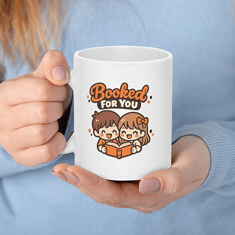 Tailorly White Ceramic 11 oz Mug - Booked For You Adorable Cartoon Boy And Girl Reading Together In A Cozy Scene Illustration
