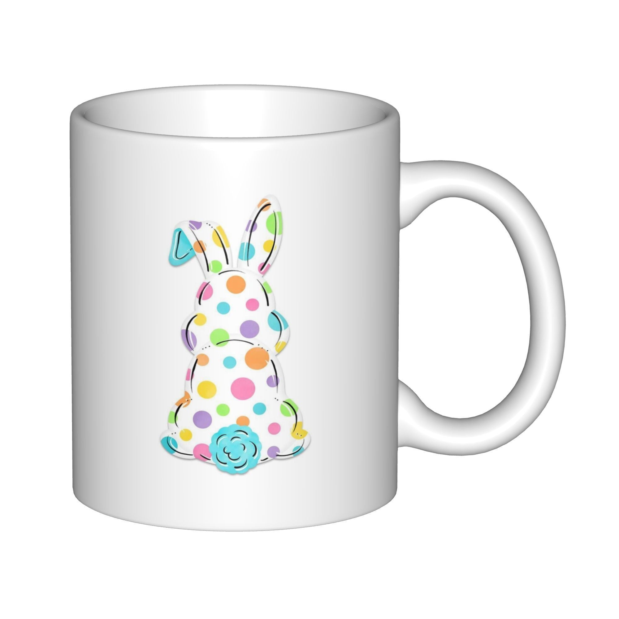 Tailorly White Ceramic 11 oz Mug - Vibrant Colorful Polka Dots Pattern Featuring A Sitting Easter Rabbit Silhouette Bunny