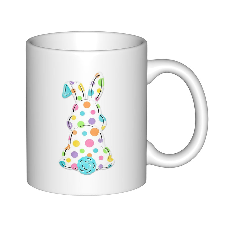 Tailorly White Ceramic 11 oz Mug - Vibrant Colorful Polka Dots Pattern Featuring A Sitting Easter Rabbit Silhouette Bunny