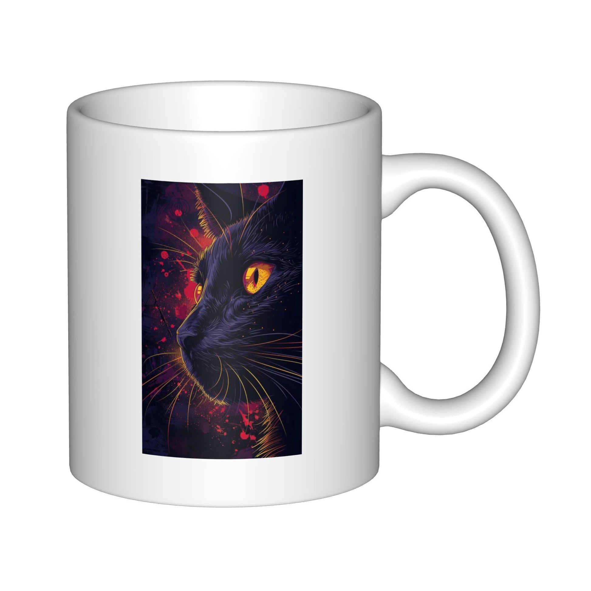 Tailorly White Ceramic 11 oz Mug - Mystic Galactic Feline With Fiery Glowing Eyes And Cosmic Dust Cat