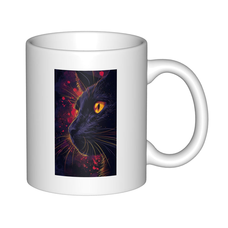 Tailorly White Ceramic 11 oz Mug - Mystic Galactic Feline With Fiery Glowing Eyes And Cosmic Dust Cat