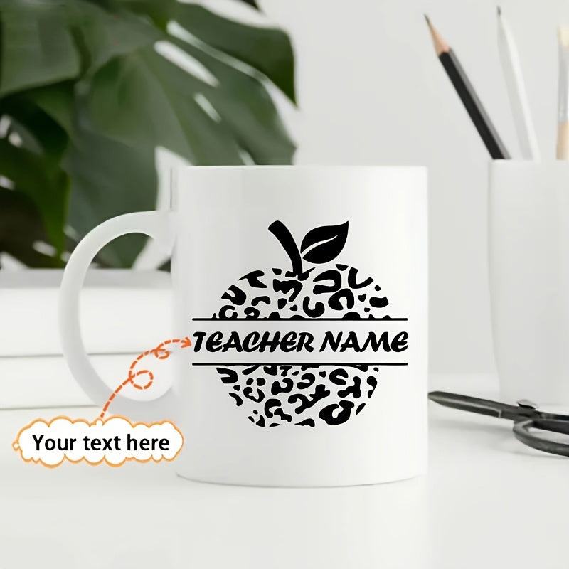 Tailorly White Ceramic 11 oz Mug - Teacher Name Stylish Leopard Print Pattern Inside Minimalist School Apple