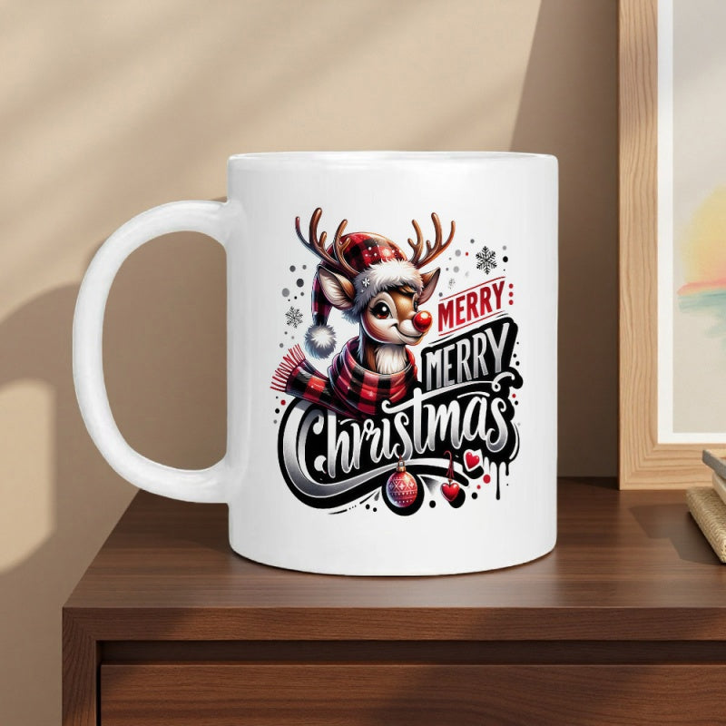 Tailorly White Ceramic 11 oz Mug - Merry Merry Christmas Adorable Cartoon Wearing Festive Red Scarf And Hat Reindeer