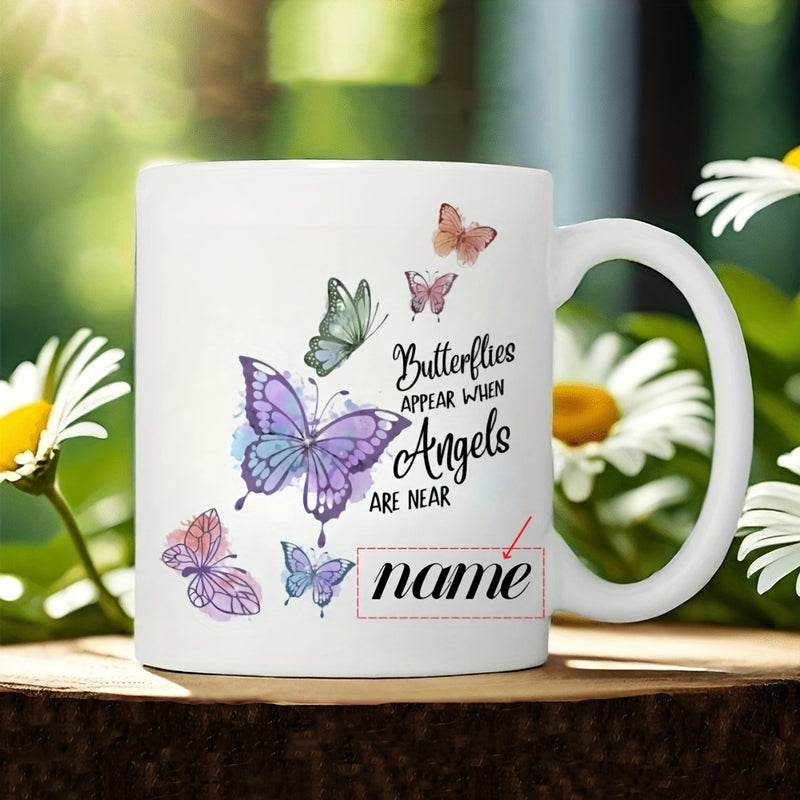 Tailorly White Ceramic 11 oz Mug - Butterflies Appear When Angels Are Near Name Vibrant Watercolor Insects Dancing Gracefully Within A Serene Peaceful Atmosphere