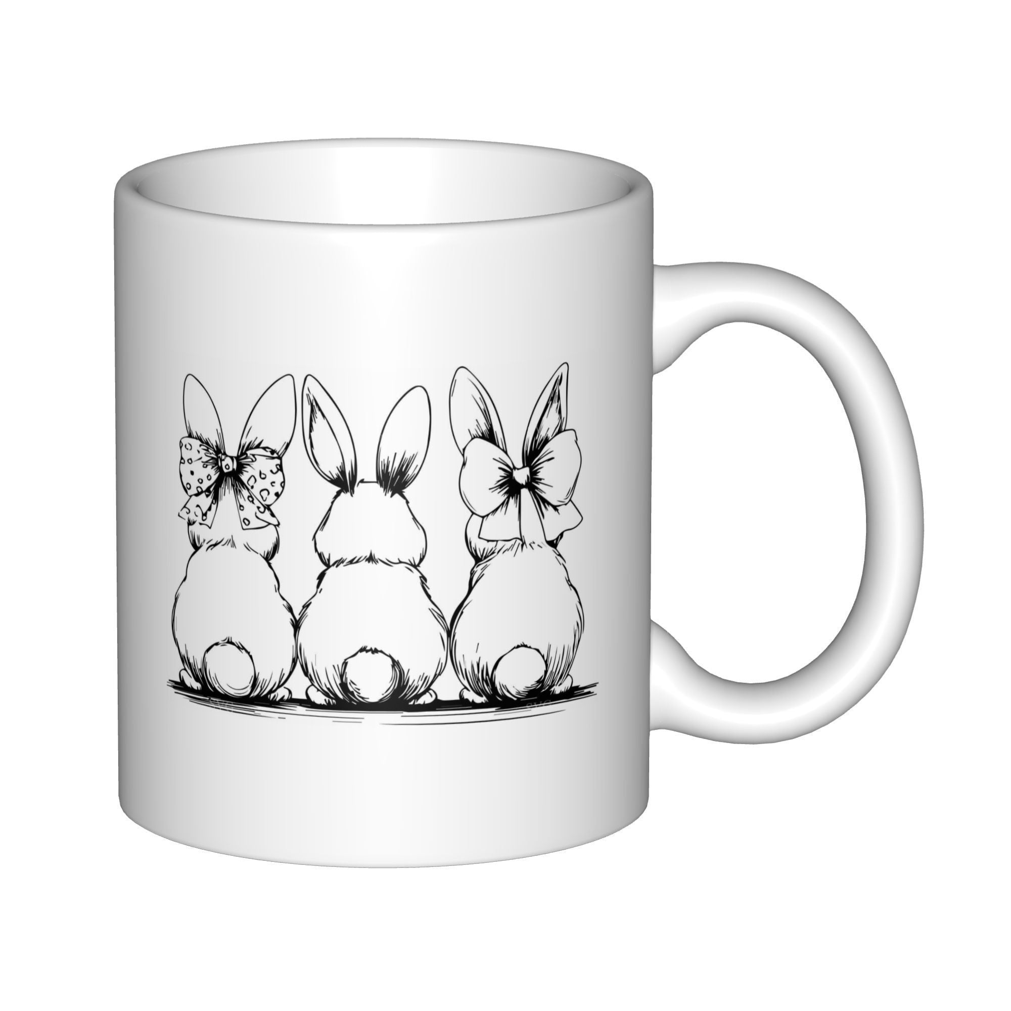 Tailorly White Ceramic 11 oz Mug - Three Hand Drawn Sketch Bunnies With Decorative Bows Sitting In Row Rabbit