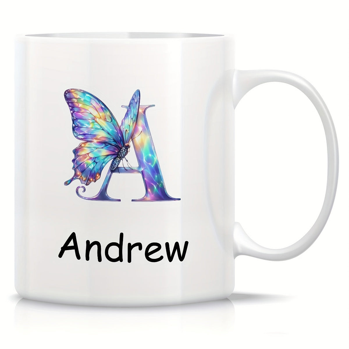 Tailorly White Ceramic 11 oz Mug - Andrew Vibrant Colorful Winged Insect Perched Upon A Large Decorative Letter Butterfly