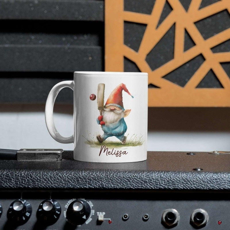 Tailorly White Ceramic 11 oz Mug - Melissa Tiny Garden Character Playing Cricket Holding A Wooden Bat Gnome