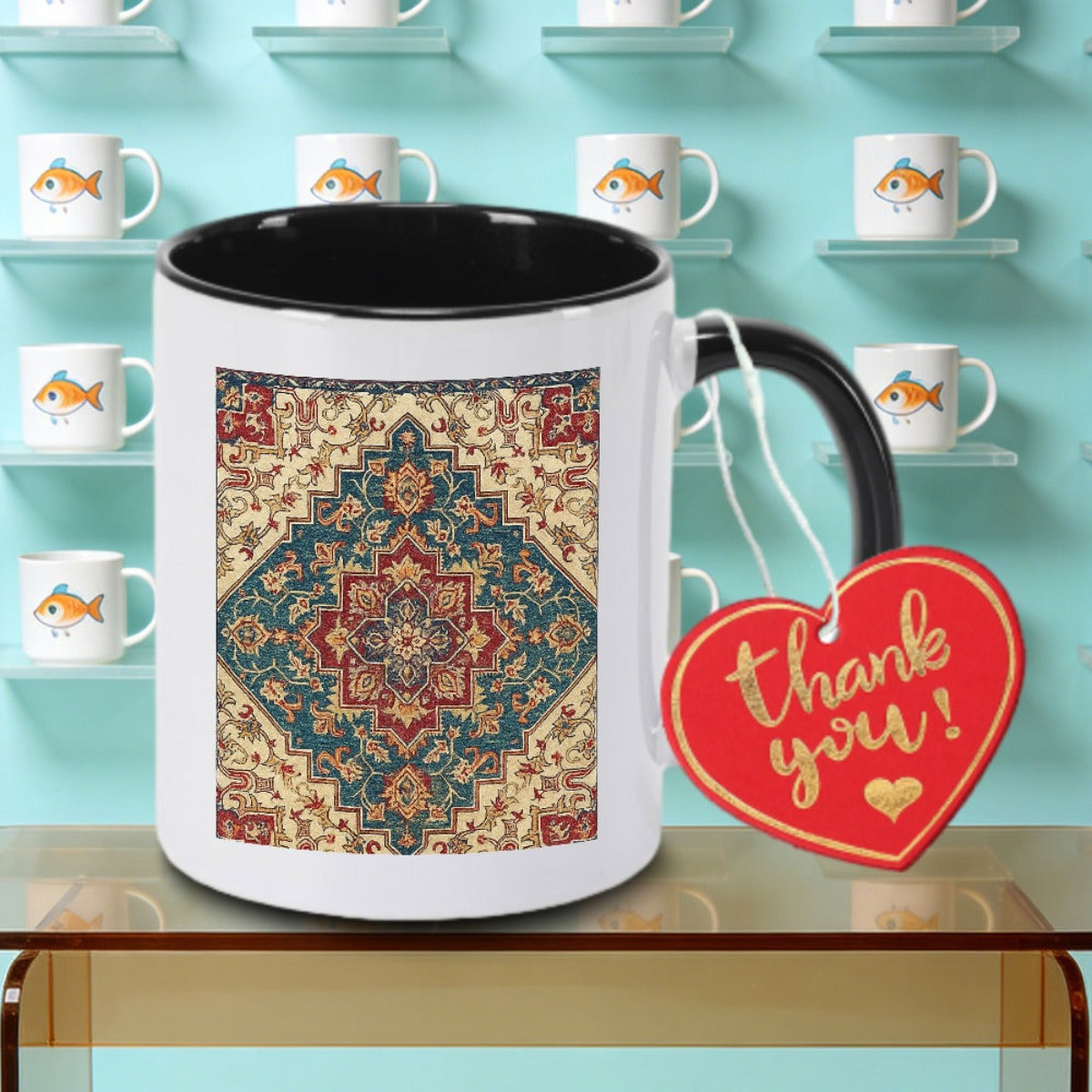 Tailorly Black Accent 11 oz Mug - Red and blue floral pattern