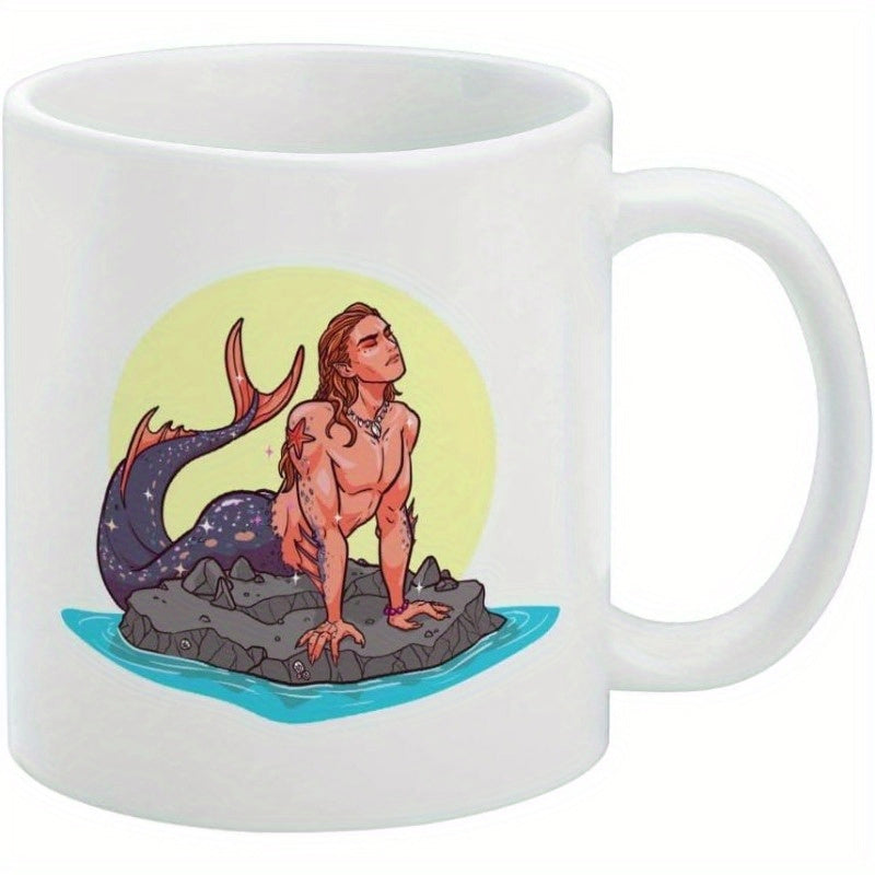 Tailorly White Ceramic 11 oz Mug - Majestic Mythical Creature Resting On Stone Among Gentle Blue Waves Merman