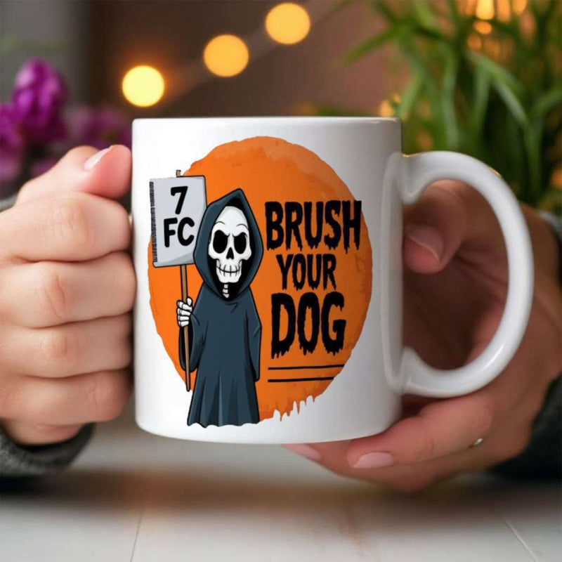 Tailorly White Ceramic 11 oz Mug - Brush Your Dog Cartoon Grim Reaper Holding Sign Before Large Orange Circle Reaper