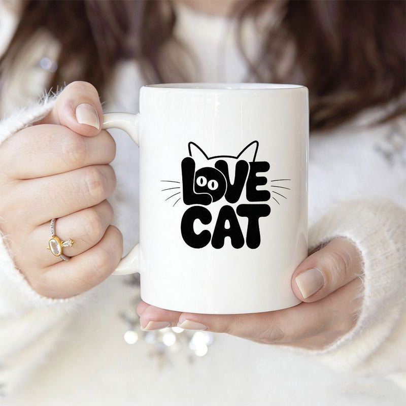 Tailorly White Ceramic 11 oz Mug - Love Cat Minimalist Artistic Line Design With Whiskers And Playful Hidden Eyes Cat