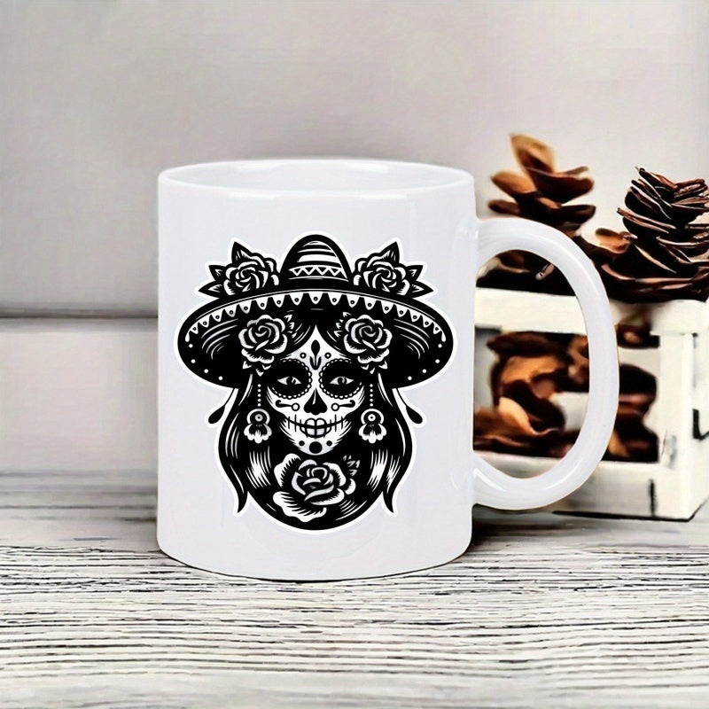 Tailorly White Ceramic 11 oz Mug - Elegant Day Of The Dead Woman Wearing Rose Sombrero Sugar Skull