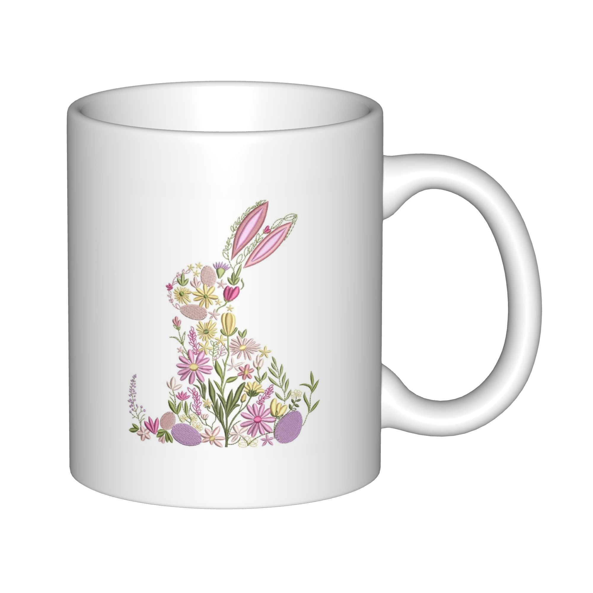 Tailorly White Ceramic 11 oz Mug - Delicate Floral Pattern Silhouette Featuring Spring Flowers And Colorful Eggs Rabbit