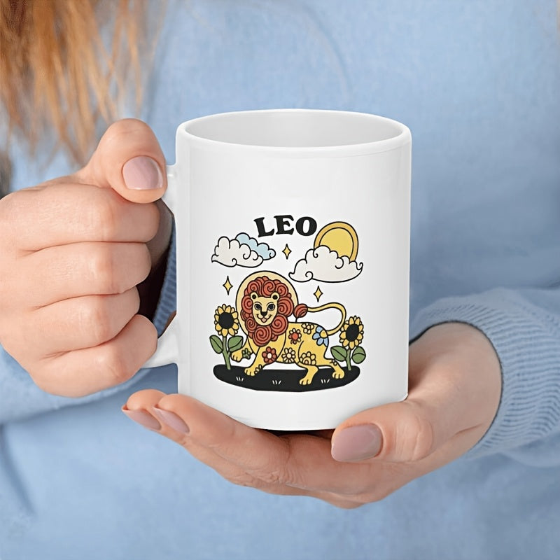 Tailorly White Ceramic 11 oz Mug - Leo Majestic Animal Adorned With Flowers Under Bright Sun And Clouds Lion