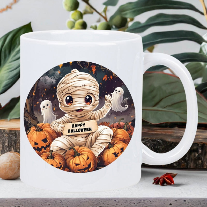 Tailorly White Ceramic 11 oz Mug - Happy Halloween Cute Cartoon Mummy Sitting Among Spooky Carved Pumpkins With Little Ghost