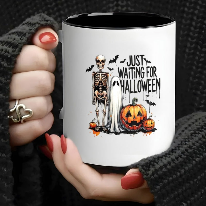 Tailorly Black Accent 11 oz Mug - halloween skeleton and pumpkin