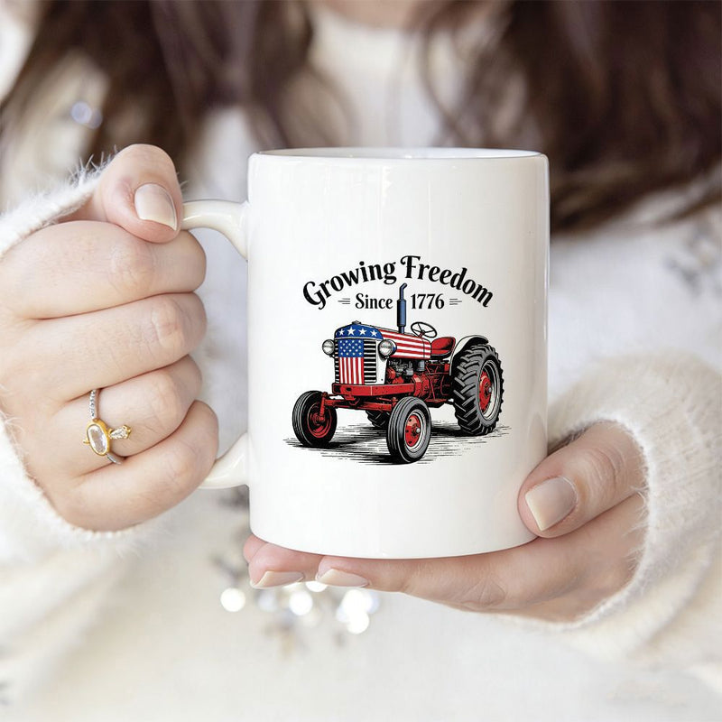 Tailorly White Ceramic 11 oz Mug - Growing Freedom Since 1776 Rustic Red Farm Vehicle Decorated With Patriotic Stars And Stripes Tractor