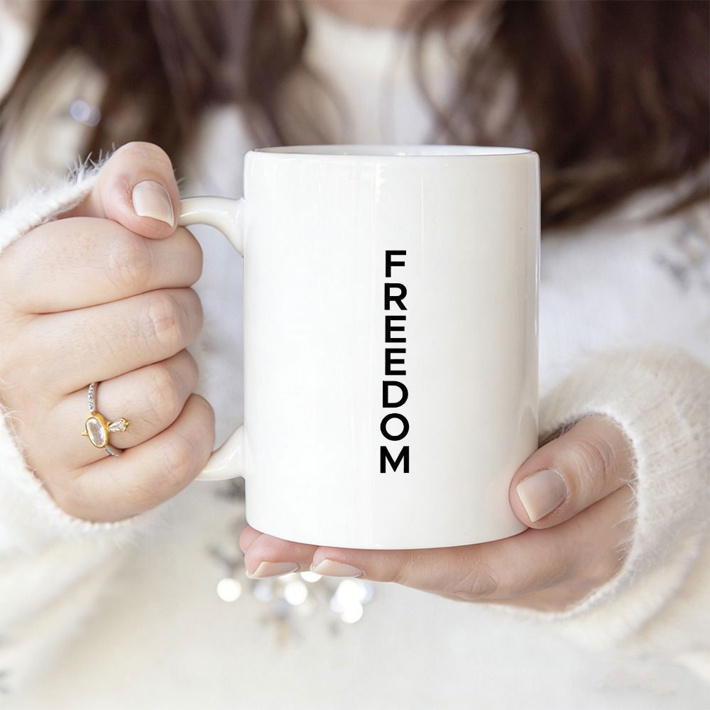 Tailorly White Ceramic 11 oz Mug - Freedom Minimalist White Ceramic Vessel Held By Soft Gentle Female Hands Mug