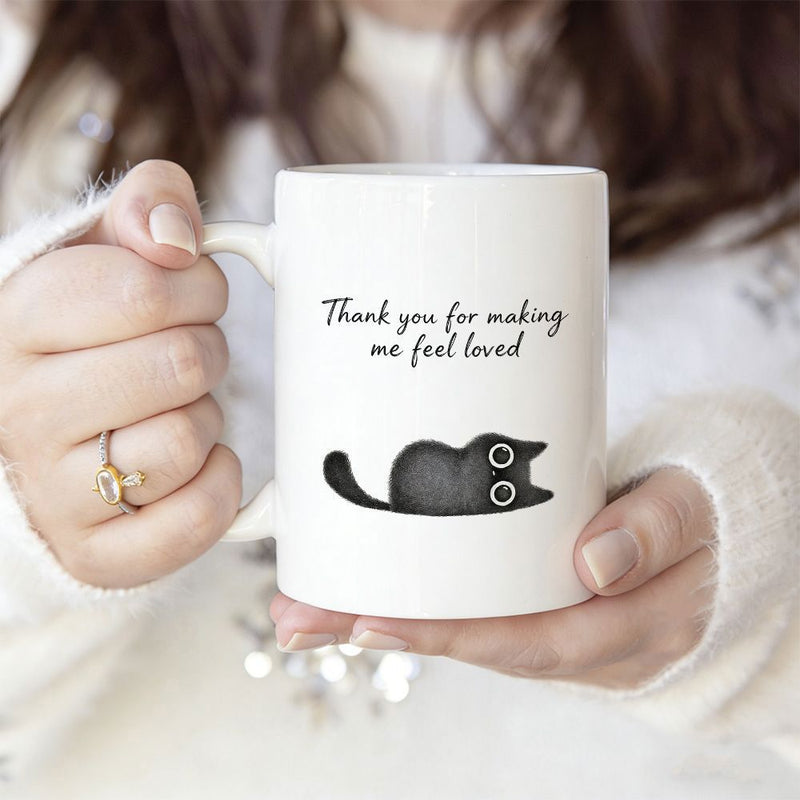 Tailorly White Ceramic 11 oz Mug - Thank You For Making Me Feel Loved Minimalist Hand Drawn Black Animal With Large Round Curious Eyes Cat