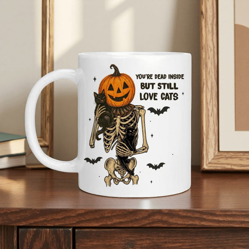 Tailorly White Ceramic 11 oz Mug - Youre Dead Inside But Still Love Cats Spooky Pumpkin Head Figure Holding A Black Cat Among Small Bats Skeleton
