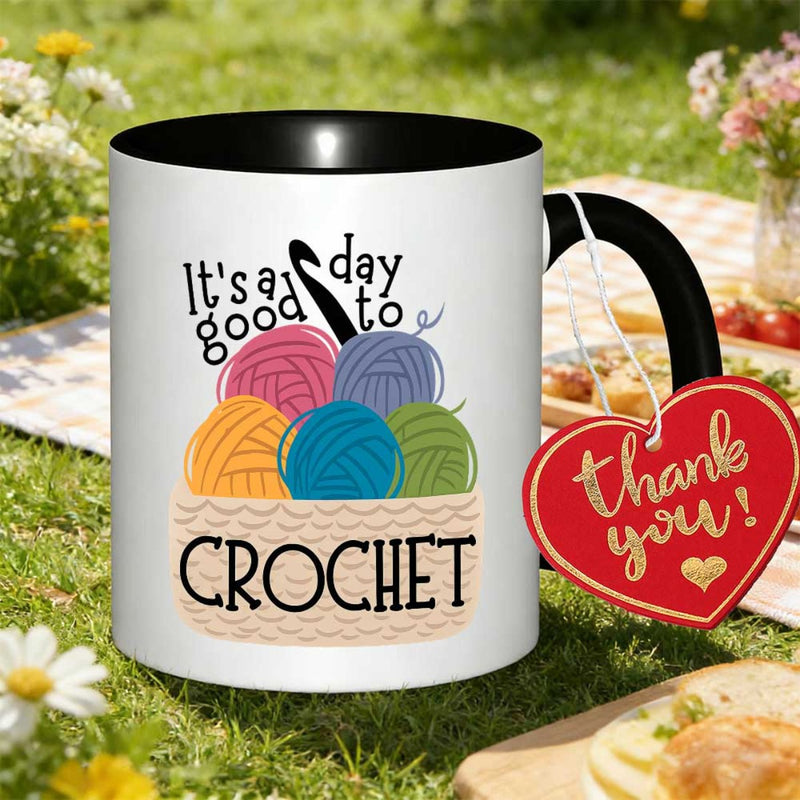 Tailorly Black Accent 11 oz Mug - crochet lovers with colorful yarn ball design